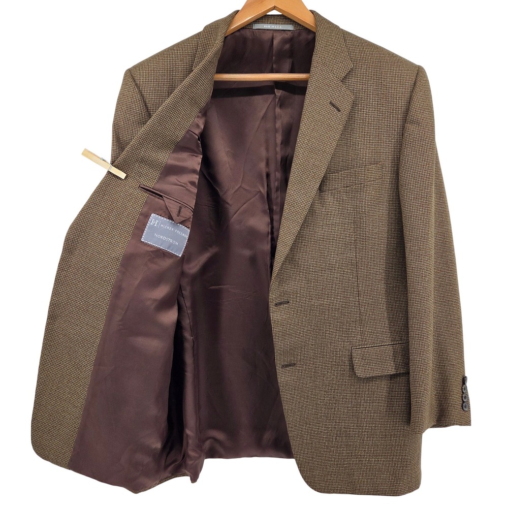 Hickey Freeman Sport Coat 44R Brown Madison Worsted Wool Houndstooth Blazer